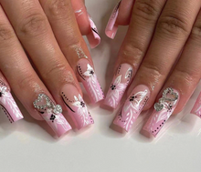 Load image into Gallery viewer, Old School | Long Coffin Pink French Flower Nails
