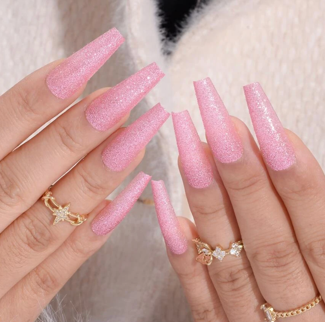 Pink Glitter | Long Solid Pink Glitter Nails