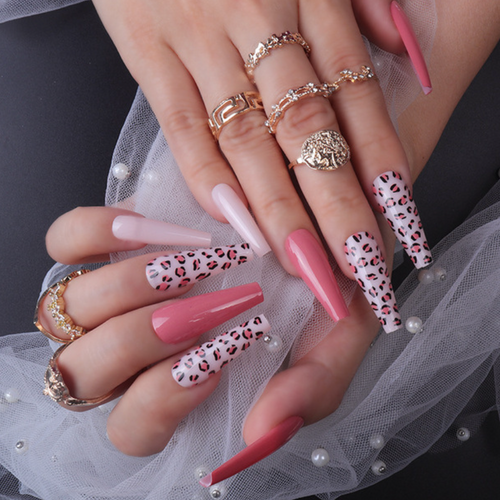 Long Pink Leopard Nails