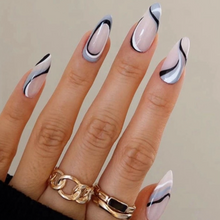 Load image into Gallery viewer, Almond Glossy Blue Gray White Press-On Nails 
