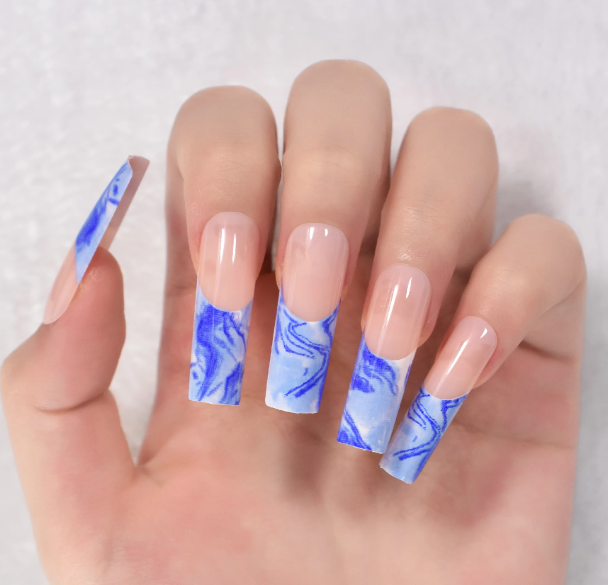 Hawaii| Extra Long Square Blue White French Nails