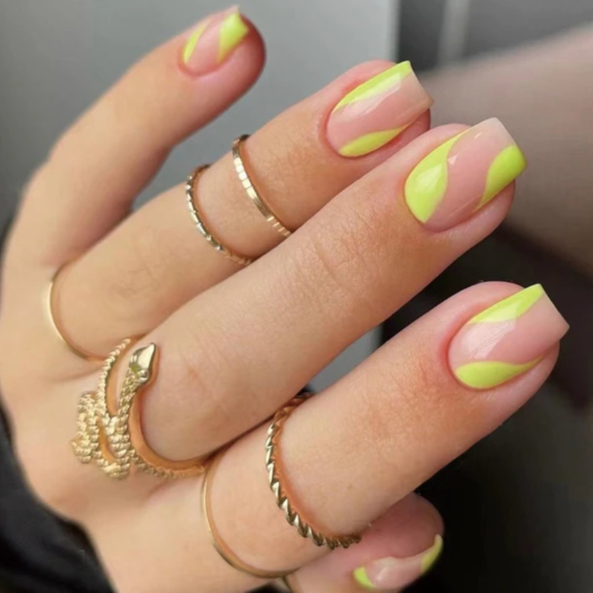 Short nude square nails with neon yellow swirls. press-on nails