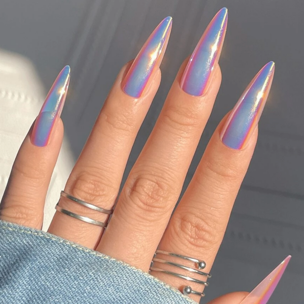 pink stiletto holographic nails, pink stiletto fake nails, pink stiletto fake nails