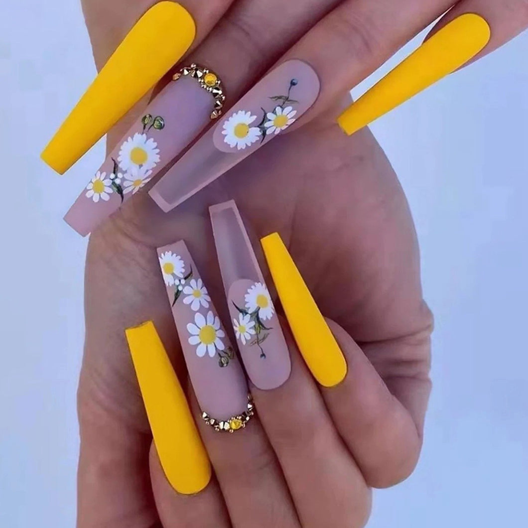 Early Morning | Long Yellow Flower Crystal Nails