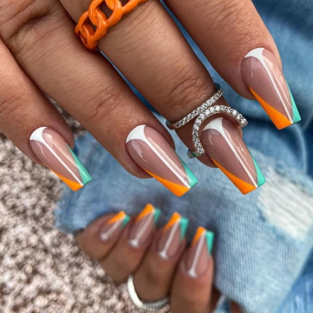 White, Teal, Orange Abstract Line Design Press On Nails
