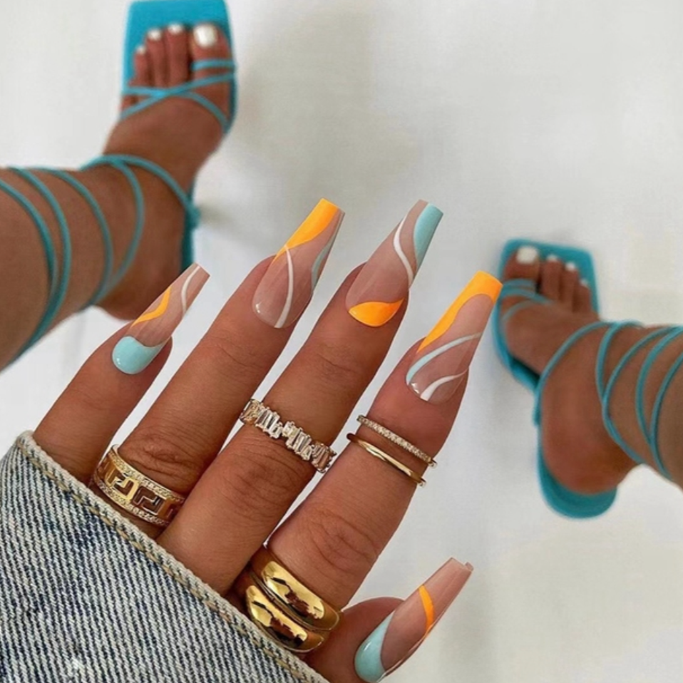 Teal and Orange White Wave Nails | River