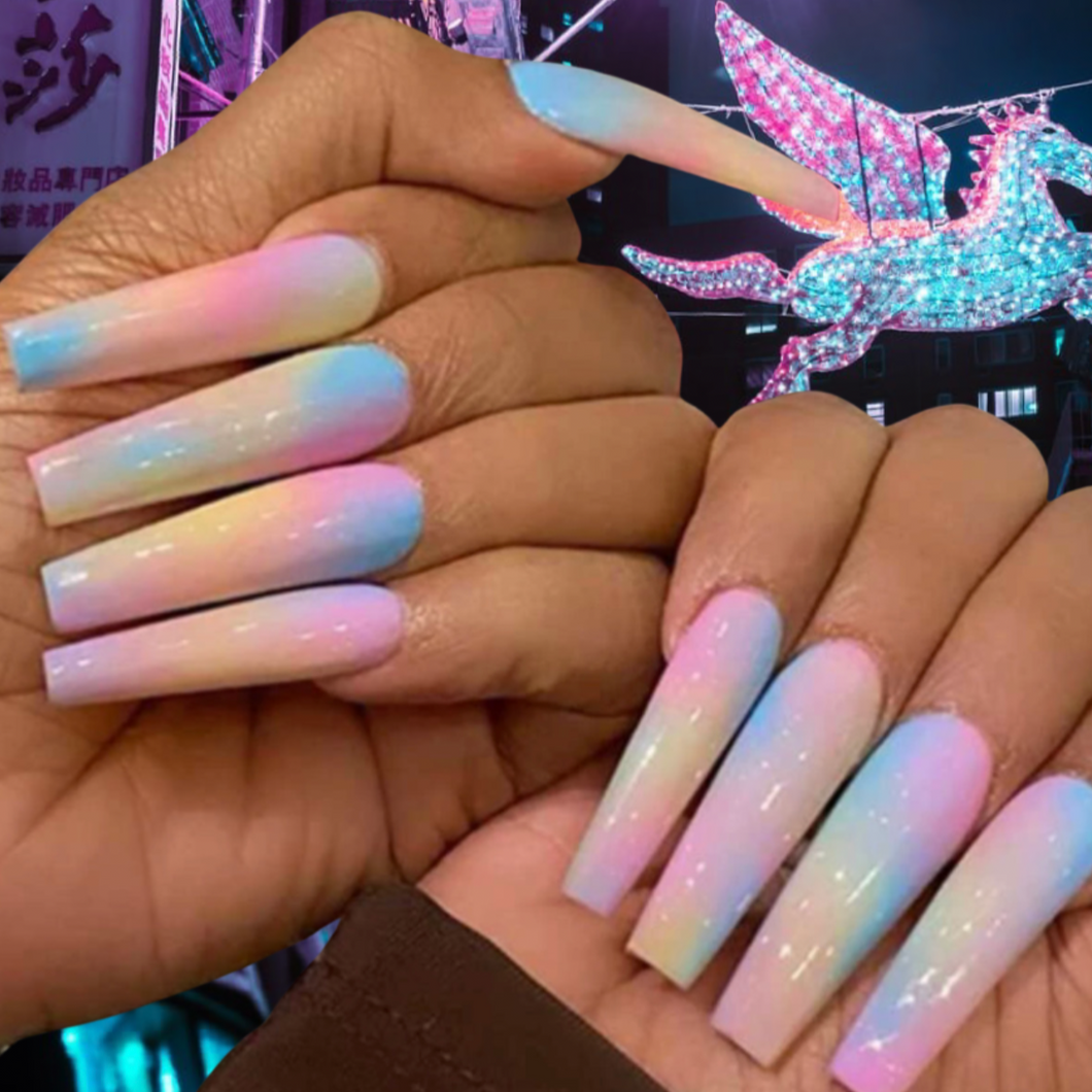 Unicorn | Long Pink Blue Yellow Ombre Nails